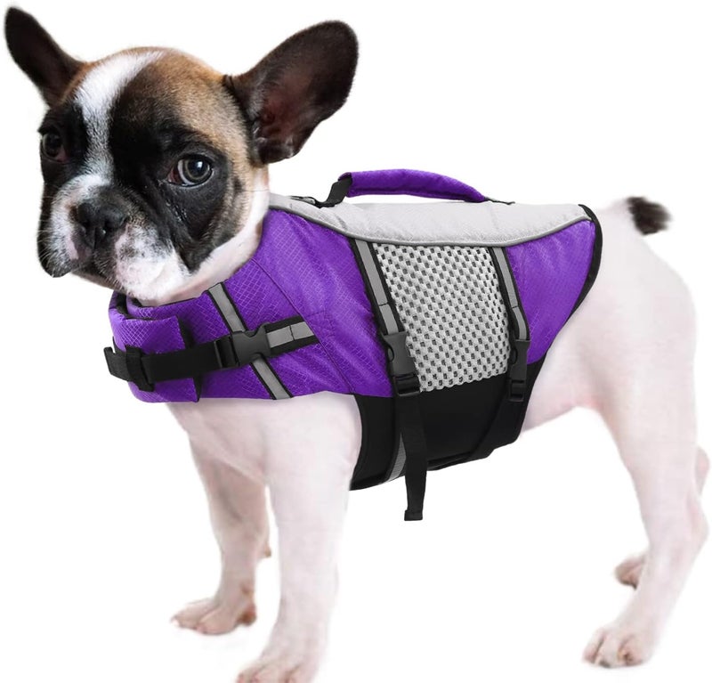 Queenmore Dog Life Jacket Swimming Vest Lightweight High Reflective Pet Lifesaver with Lift Handle, Leash Ring Purple,S - Image 1